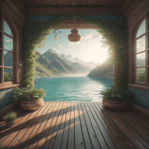 AI picture on a deck overlooking water and mountains