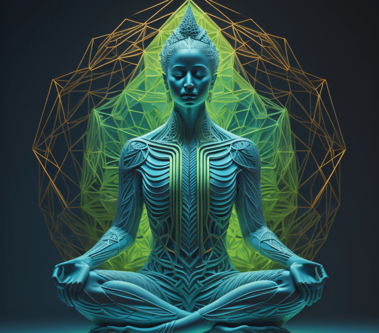 Female meditating with fractal lines
