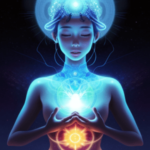 Blue energy woman with symbolic chakras open