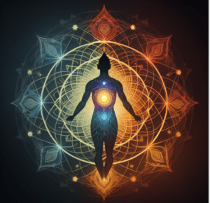 Person in space with chakras lit up and geometrical aura