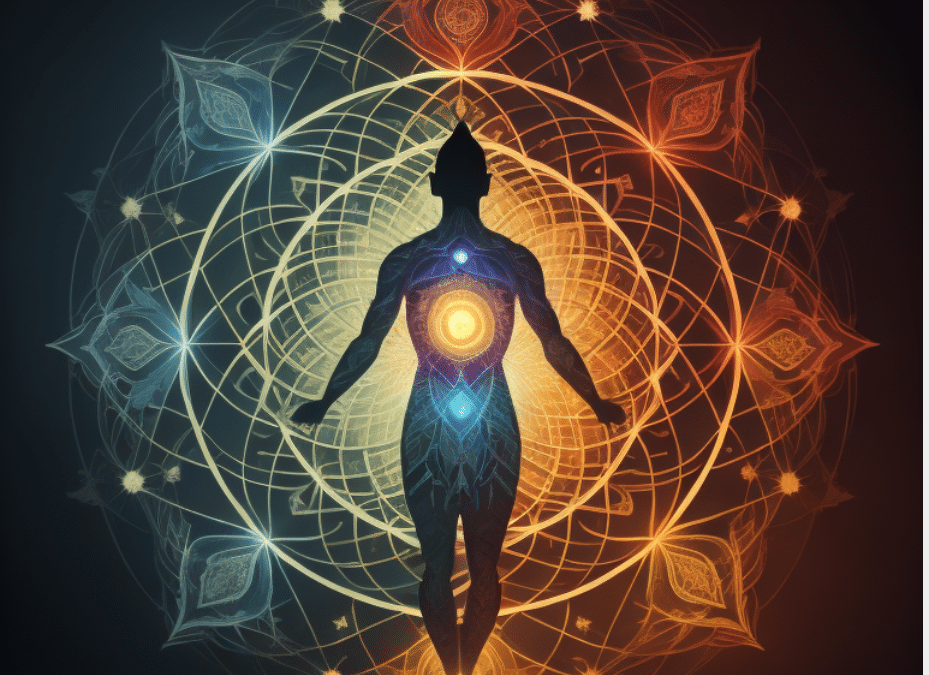 Person in space with chakras lit up and geometrical aura