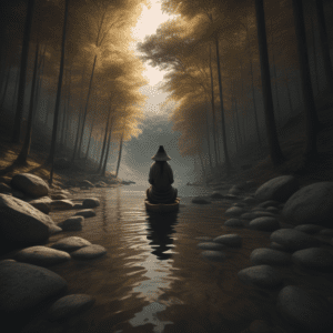 AI figure meditates in river