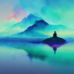 meditating on a rock on a lake with mountains in the back watercolor