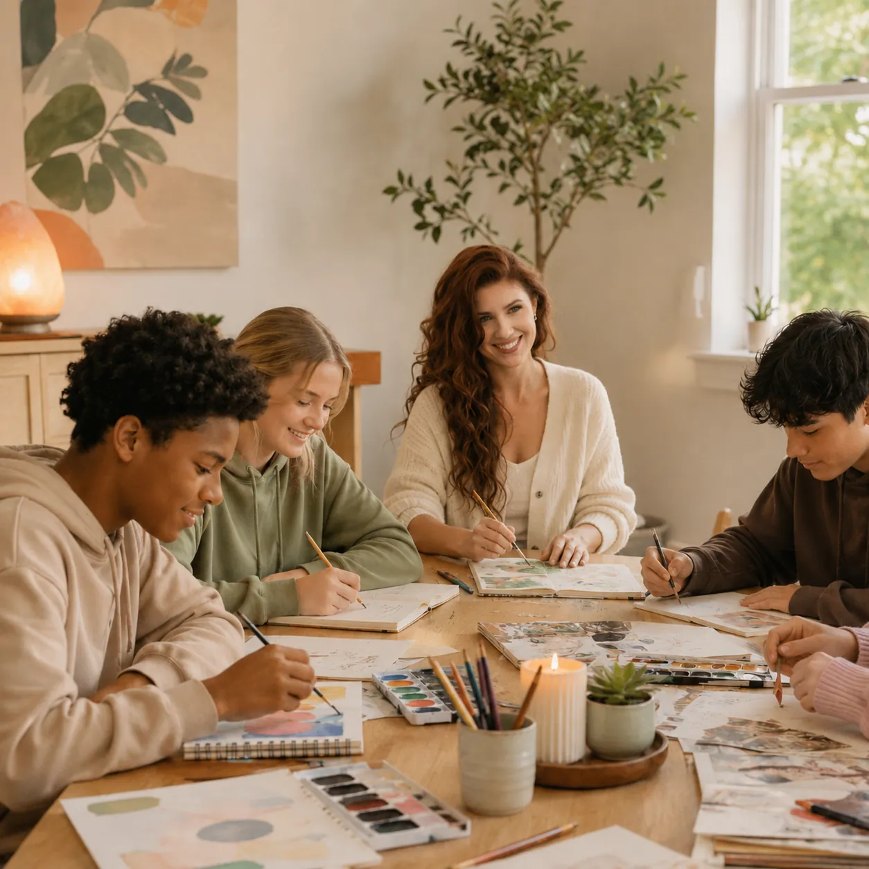 Connected Through Creativity Group Ellery Mills leads a group of teens in an art exercise (featured image: Connected Through Creativity: An Expressive Arts & DBT Skills Group for Teens)